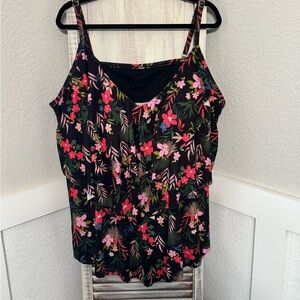 CUTE!! Shade & Shore Womens 3X Black Tropical Print Layered Front Tankini Top